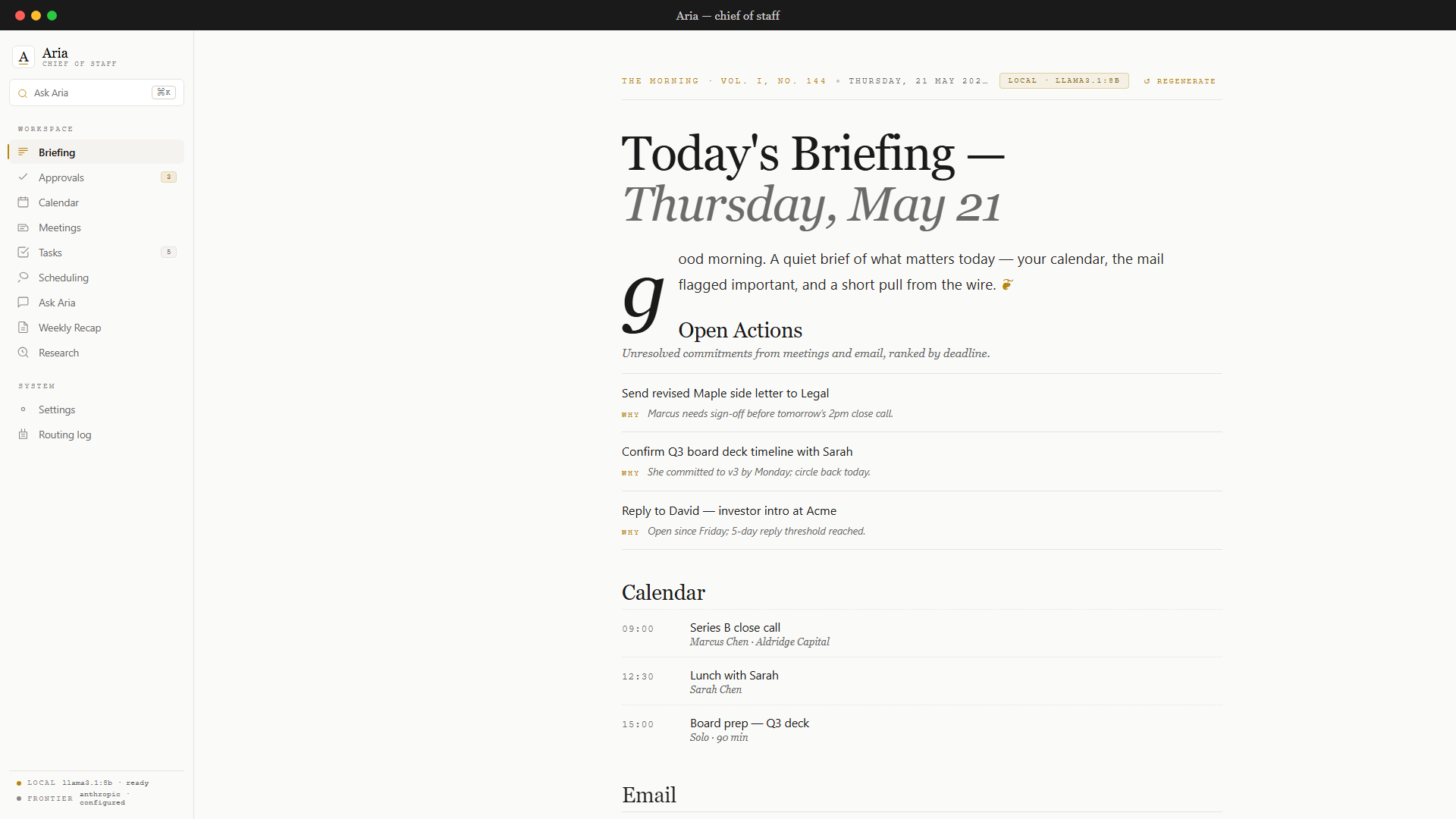 Aria — daily briefing